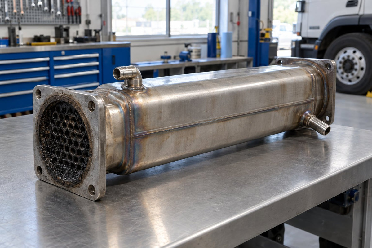 EGR cooler with soot and carbon buildup on the tube face, ready for EGR cooler cleaning in South Bend, IN